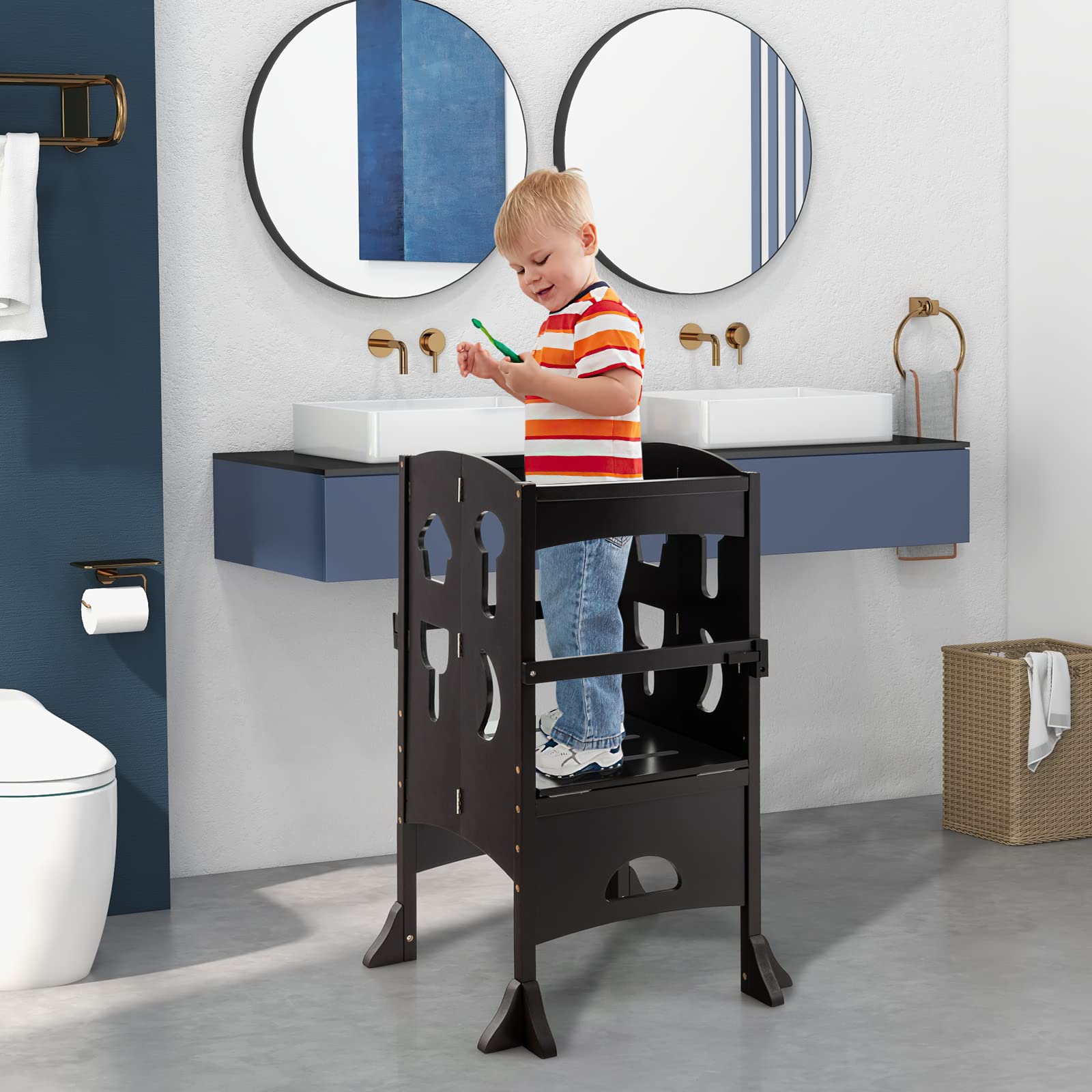 Costzon Adjustable Height Foldable Kids Kitchen Step Stool with Safety Rail - Montessori Learning Tower for Toddlers - Wooden Standing Helper for Bathroom & Kitchen Counter - Perfect for Baking, Washing Hands & Safe Exploration