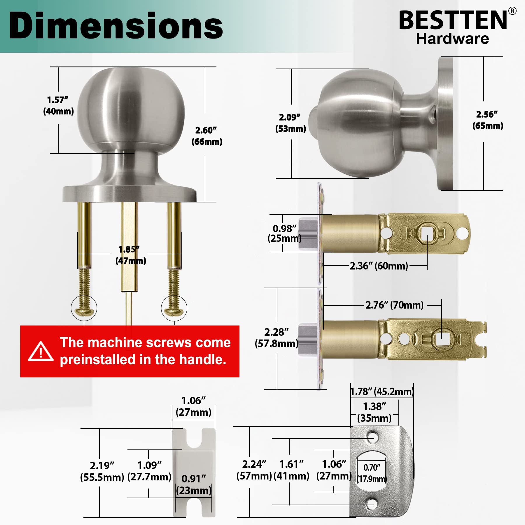 BESTTEN [2 Pack] Keyed Alike Entry Door Knob Set - Exterior & Interior Ball Door Knob with Lock & Key, Adjustable Latch, Satin Nickel Finish - Perfect for Homes, Apartments & Offices