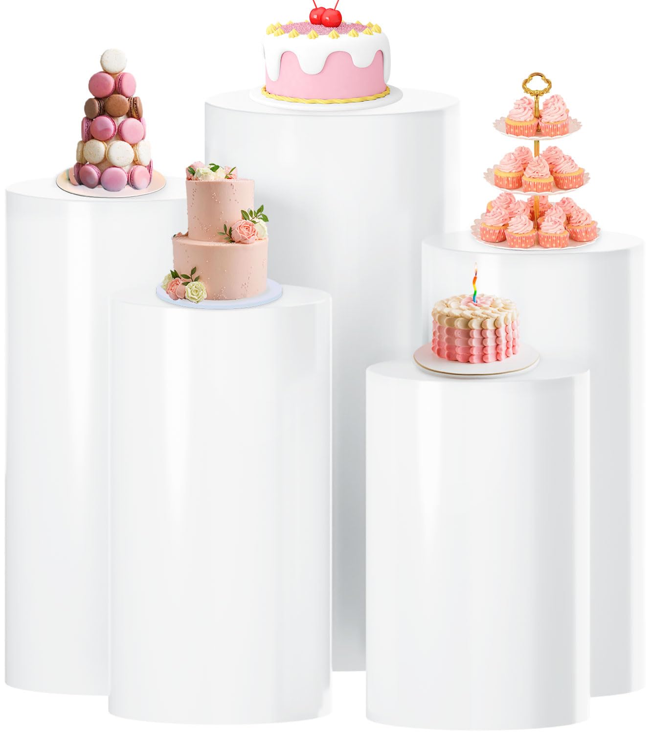 White Cylinder Pedestal Stands for Party Decor - 5 Pack Round Display Pillars for Birthday, Wedding & Events | Perfect for Cake, Floral & Gift Displays