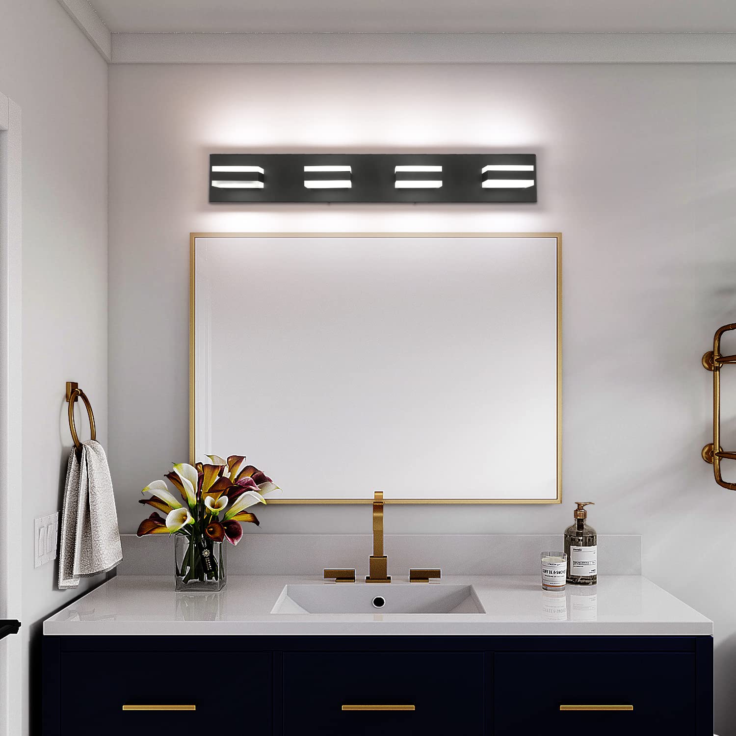 SOLFART Black Bathroom Vanity Light Fixture - 4-Light LED Dimmable Bathroom Lighting, 32W Cool White 6000K, 0%-100% Brightness Adjustable - Perfect for Modern Bathrooms, Powder Rooms & Vanity Areas