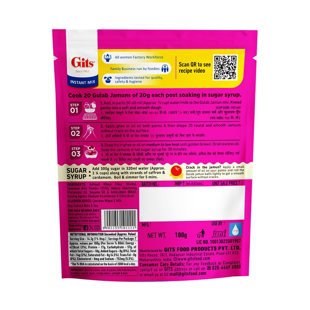 Gits Instant Gulab Jamun Dessert Mix - 100g Pack Makes 20 Pieces | Authentic Indian Sweet | Vegetarian Dessert Mix | Perfect for Diwali, Weddings & Festive Celebrations