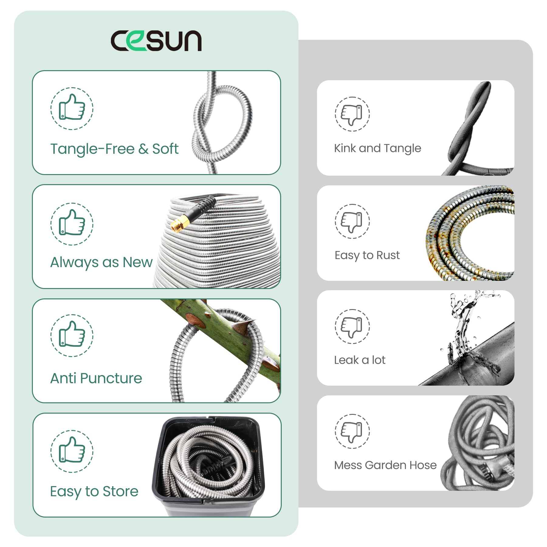 **Cesun 50 ft Heavy Duty Stainless Steel Garden Hose - Flexible, No Kink, Lightweight Metal Water Hose for RV, Yard, Lawn & Outdoor Use - 5/8