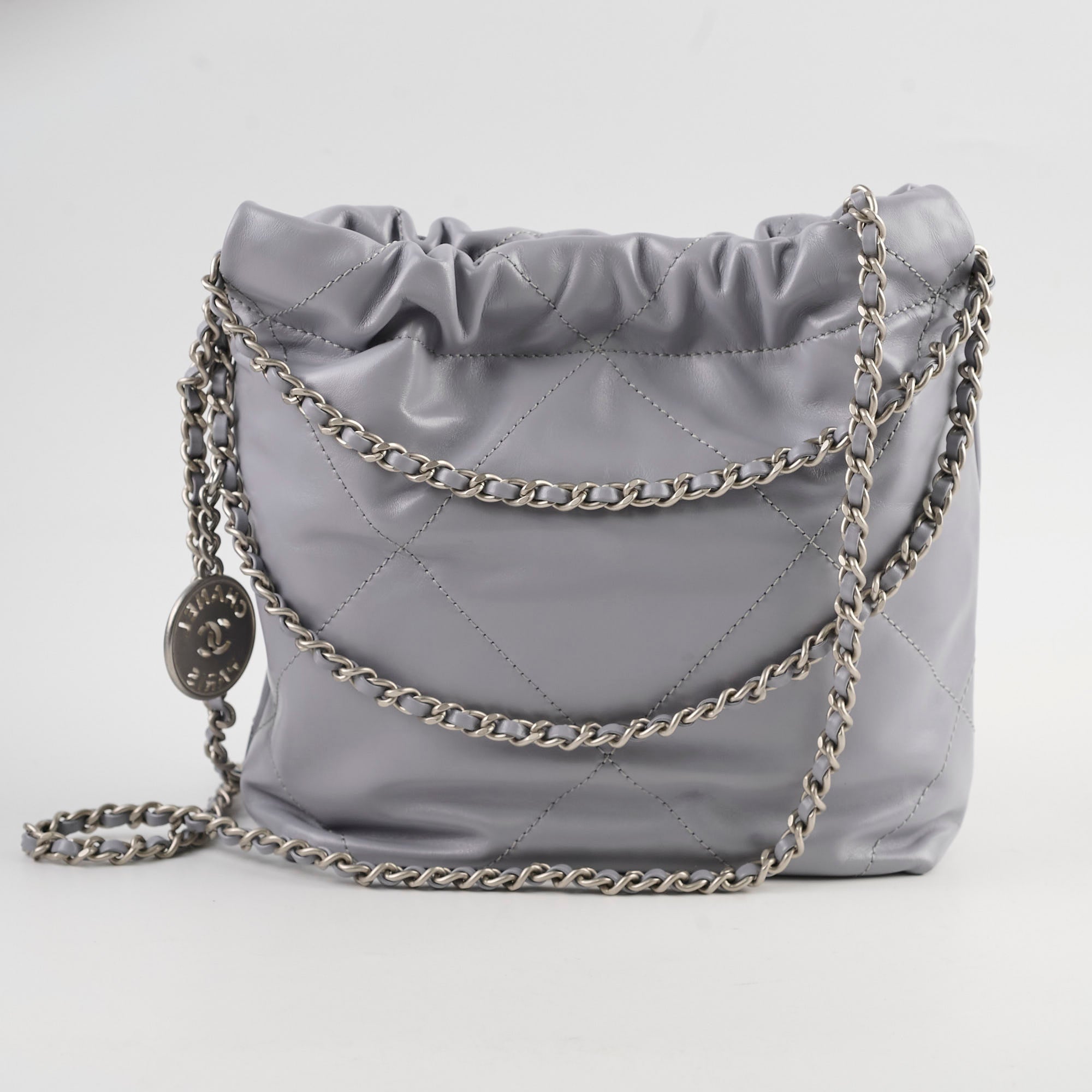 Chanel Mini 22 Handbag Grey Leather Crossbody Bag with Microchip - Perfect for Everyday Use, Date Night & Travel Accessories