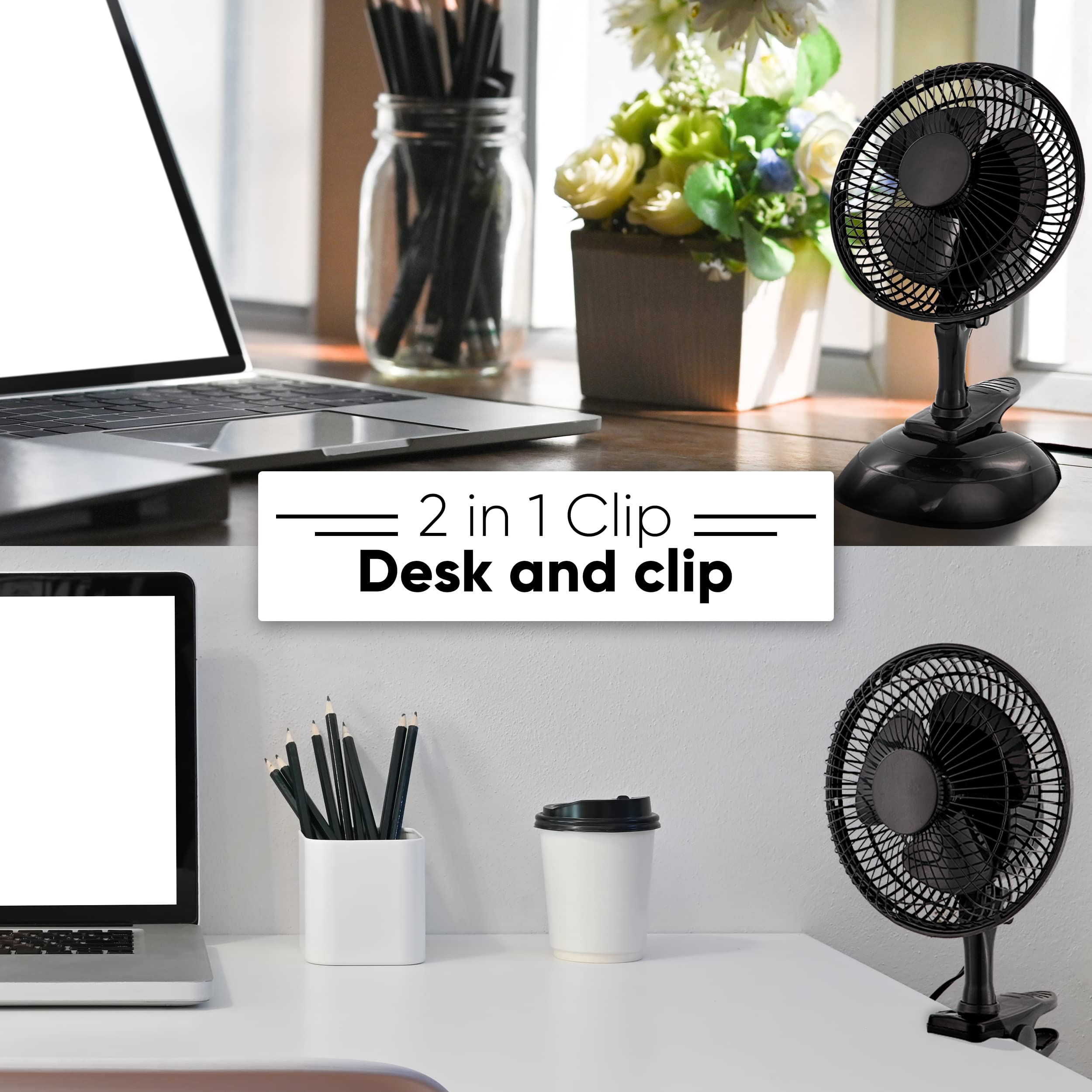 RamPro 6 Inch Portable Clip on Desk Fan - Small, Quiet Plug In Personal Cooling Fan with 2 Speed Settings & Adjustable Tilt - Perfect for Home, Office, Bedroom, Dorm (Black, 2 Pack) - Stay Cool While Working, Studying or Sleeping