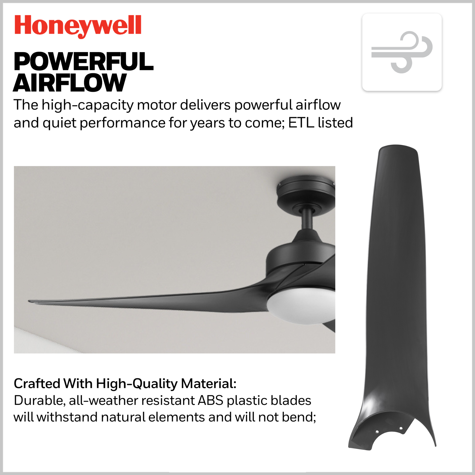 52 Inch Honeywell Lynton Matte Black Ceiling Fan with Light Kit & Remote Control - Quiet Reversible Motor for Bedroom, Living Room, and Outdoor Covered Patio