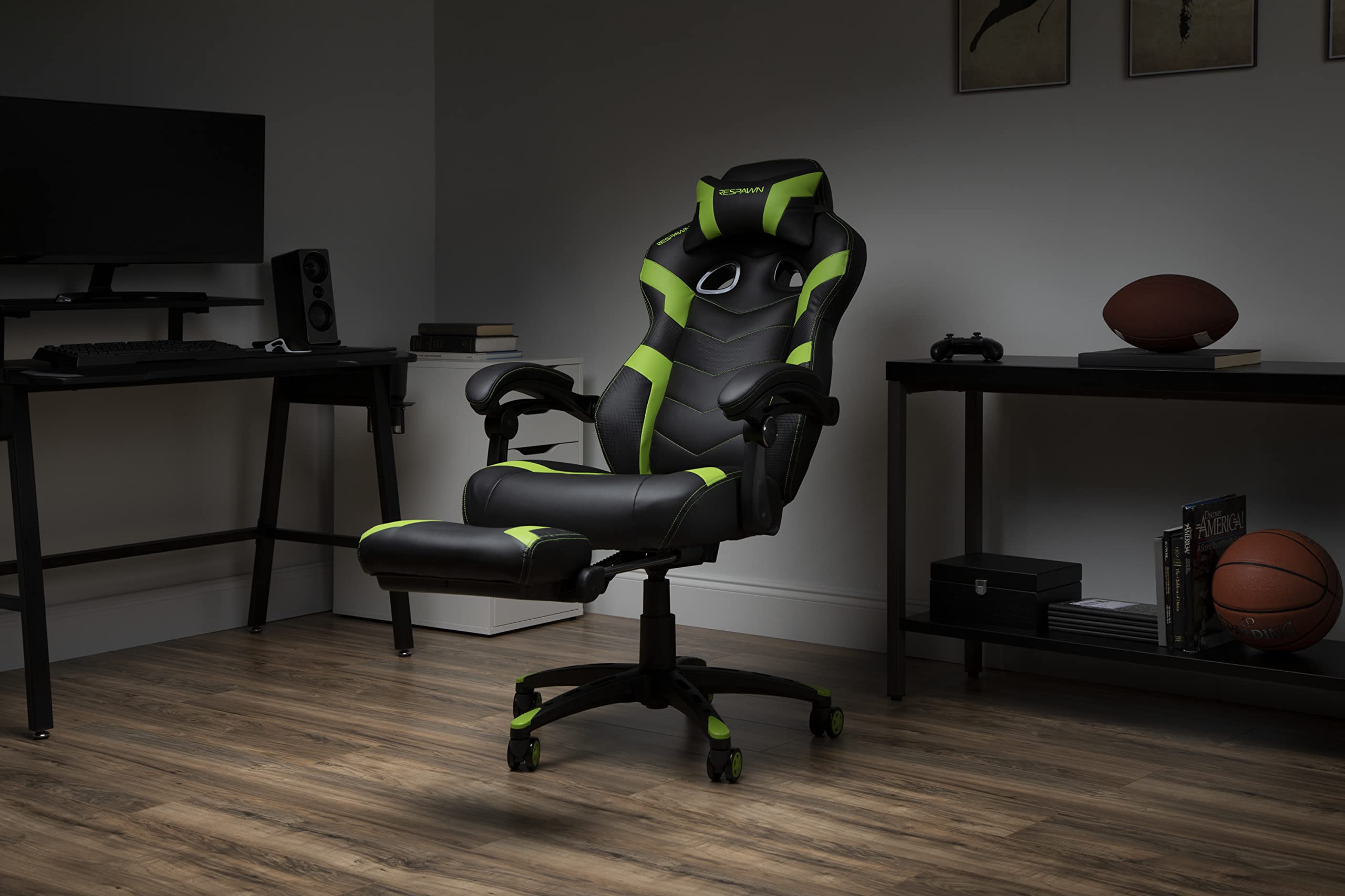 RESPAWN 110 Ergonomic Gaming Chair with Footrest Recliner - Racing Style High Back Office Chair for PC & Desk - 360° Swivel, Adjustable Lumbar Support & Headrest - Padded Armrests - Green (2021 Model) - Perfect for Gaming, Streaming & Home Office Workspace
