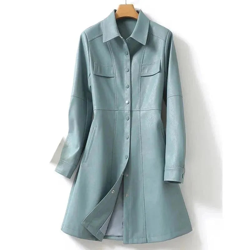 Women's Casual Midi Leather Coat - Stylish Outerwear for Fall & Winter | Perfect for Office, Dating & Everyday Wear