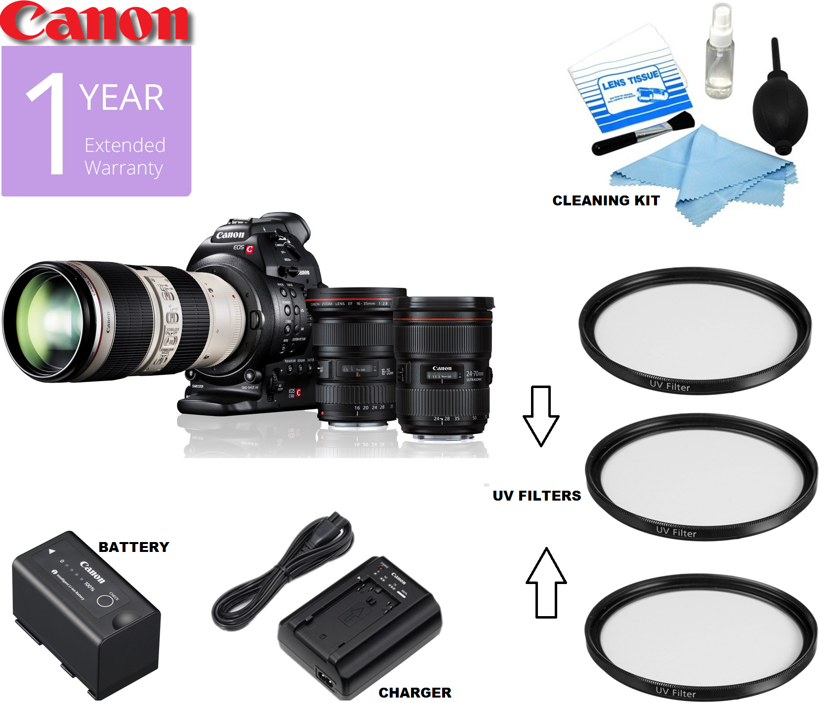 Canon EOS C100 Mark II Professional Cinema Camera with 3-Lens Kit - 4K Video, Dual Pixel AF - Perfect for Filmmaking, Documentary & Wedding Videography (US Version)