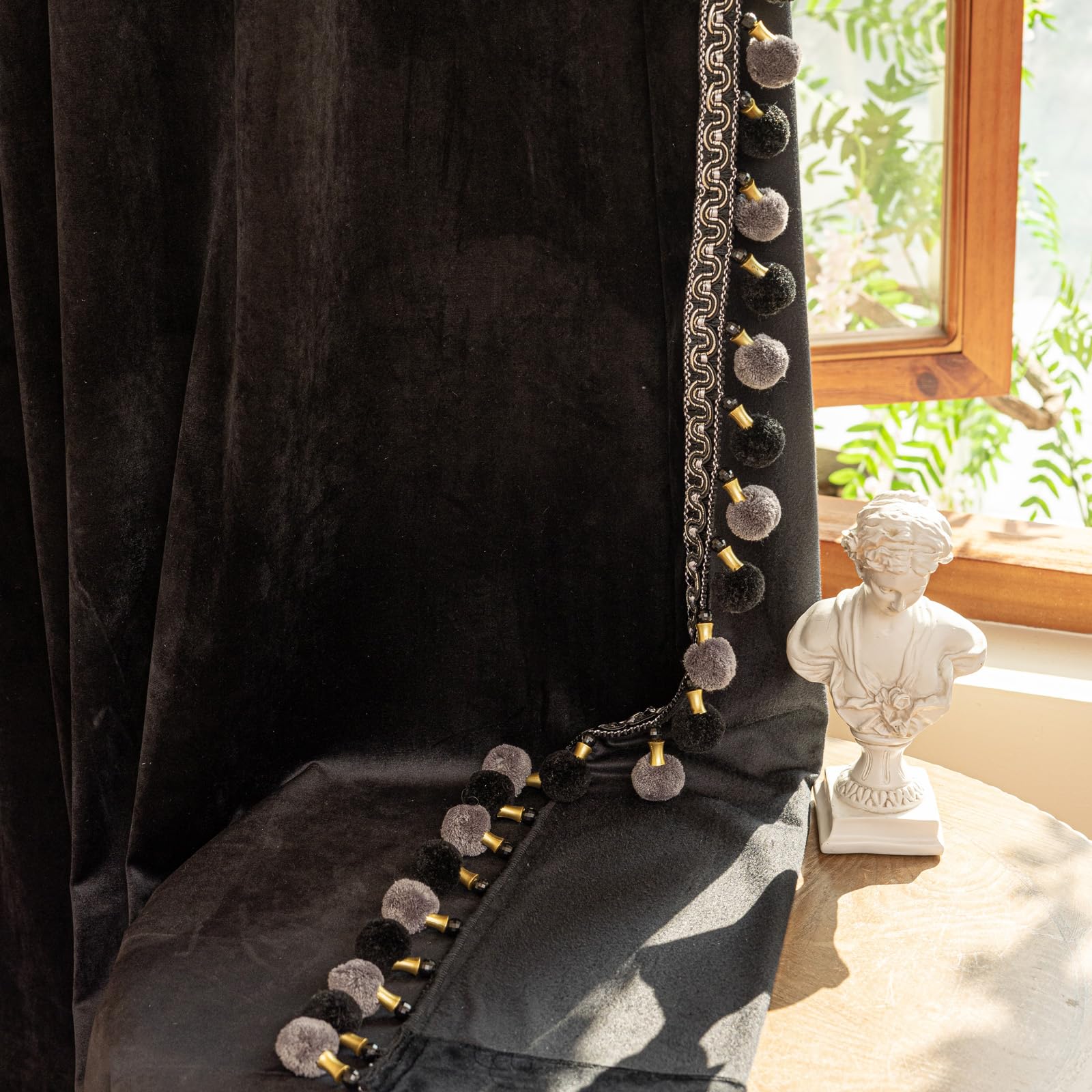 Luxury Blackout Velvet Curtains with Pom Poms & Tassels - 2 Panels Set (50