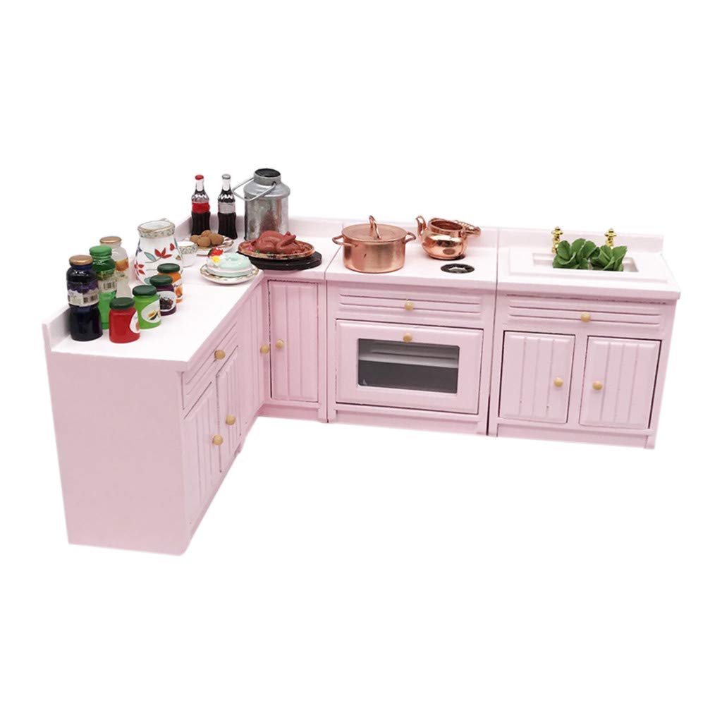 1:12 Scale Miniature Wooden Kitchen Cabinet Set - Pink Dollhouse Furniture for DIY Decoration | Perfect for Dollhouse, Model House & Collectible Displays