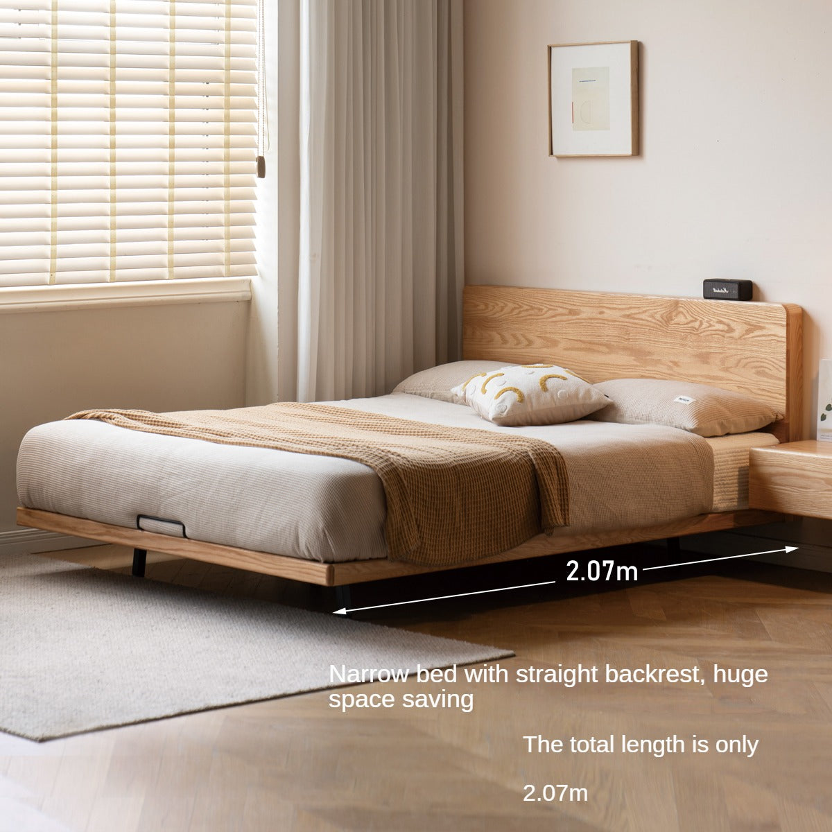 Oak Solid Wood Suspended Bed Frame - Queen Size Floating Platform Bed with Headboard - Modern Minimalist Bedroom Furniture for Loft, Apartment & Small Spaces