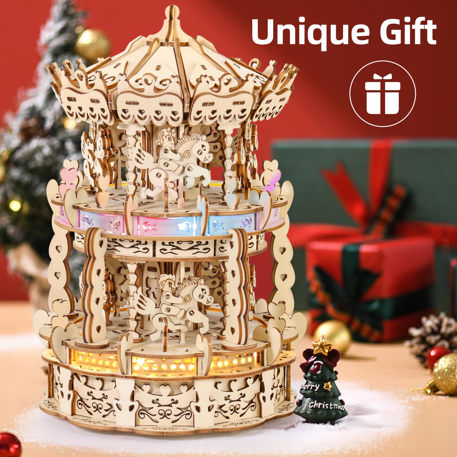 MIEBELY 3D Wooden Puzzle LED Carousel Music Box - DIY Craft Model Building Kit for Adults & Teens, Mechanical STEM Project, Christmas Gift for Kids Ages 8+, Desk Decor for Boys & Girls | Perfect for Home Decoration, Birthday Presents & Educational Activities
