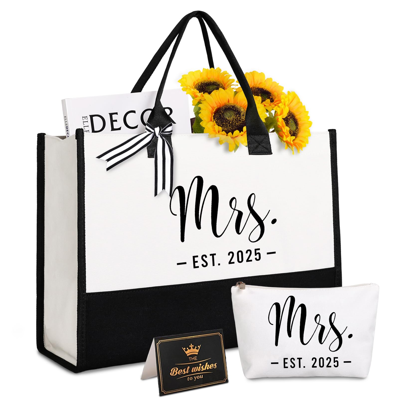Lamyba Bride Tote Bag - Elegant Wedding Gift for Bride to Be, Bridal Shower & Bachelorette Party Essential with Makeup Pouch & Interior Pockets (Black/White) - Perfect for Wedding Day, Honeymoon & Bridal Events