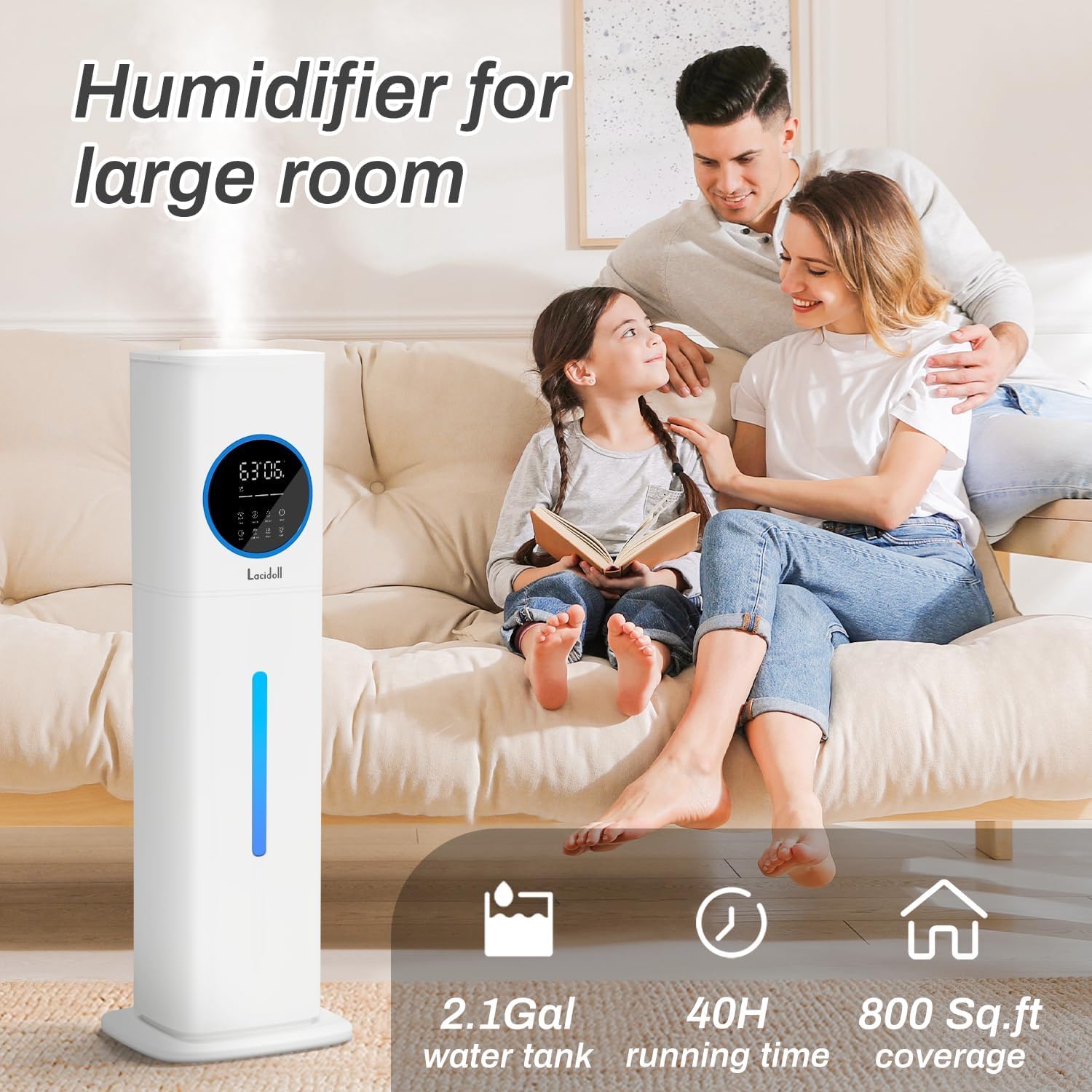 2.1Gal/8L Cool Mist Humidifier with Essential Oil Diffuser & Night Light - Top Fill Large Room Humidifier for Bedroom, Whole House, Plants, Baby, Kids & Adults - Perfect for Dry Air Relief, Nursery, Office & Greenhouse (White)