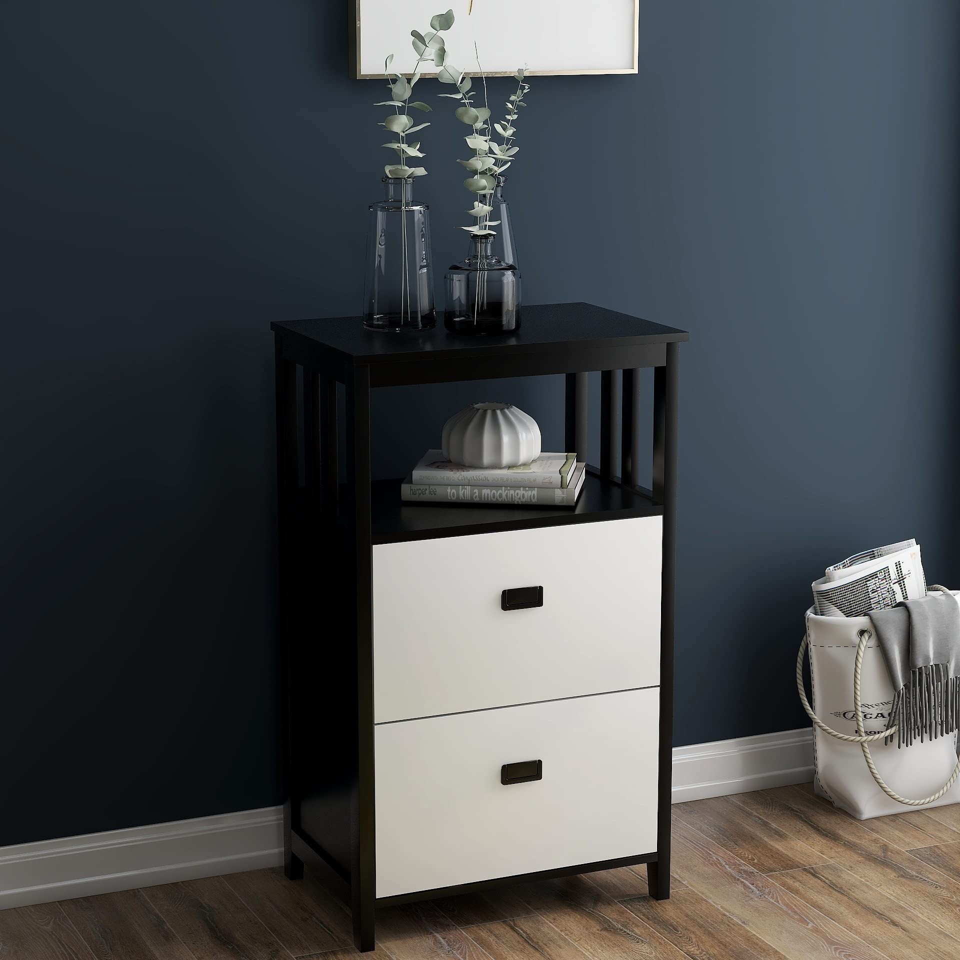 Black and White 2-Drawer Lateral File Cabinet with Open Storage Compartment - Modern MDF Office Furniture for Home & Office Organization