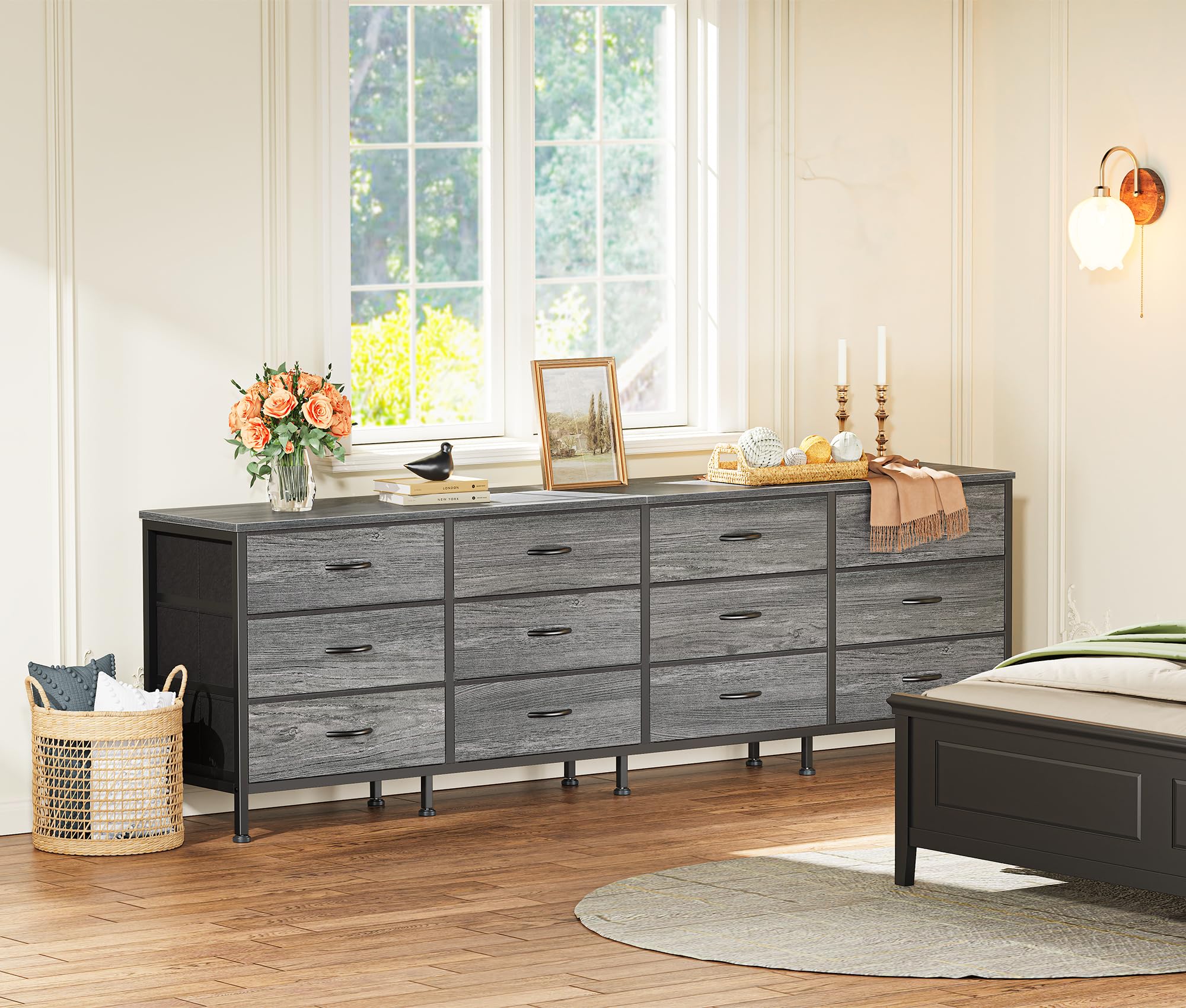 Huuger 70 Inch Dresser for Bedroom & Living Room - 12 Drawer Storage Organizer Unit, TV Stand for 65/75/80 Inch TVs, Wide Chest of Drawers with Fabric Drawers, Large Storage Furniture - Perfect for Bedroom Organization & Living Room Entertainment Setup (Grey)