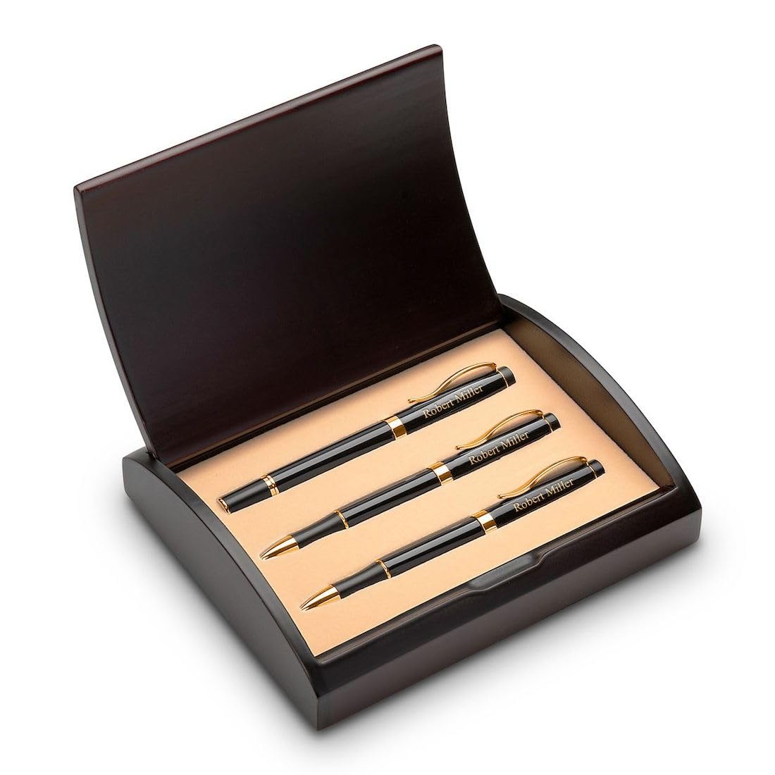 Premium Personalized Laser Engraved 3-Piece Pen & Pencil Set in Cherry Wood Gift Box - Executive Business Gifts for Corporate Clients, Graduation, Retirement & Special Occasions