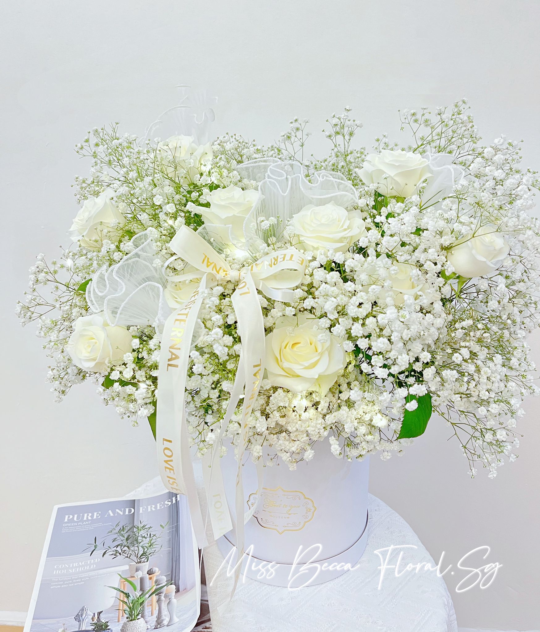White Gypsophila Rose Flower Basket - Elegant Table Centerpiece for Weddings, Home Decor & Special Events