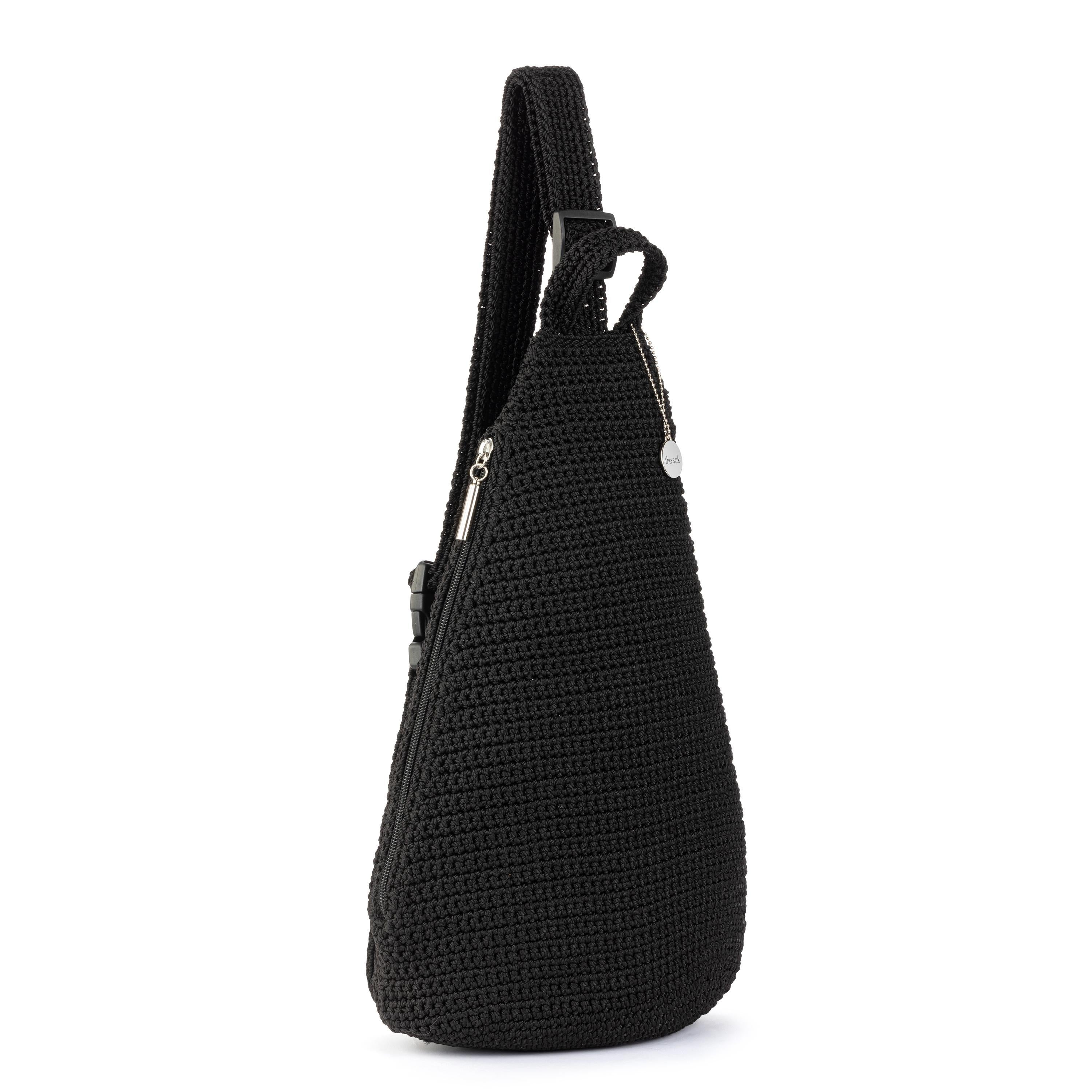 Handmade Geo Sling Backpack - Black Crochet Crossbody Bag for Women | Perfect for Travel, Hiking & Everyday Use