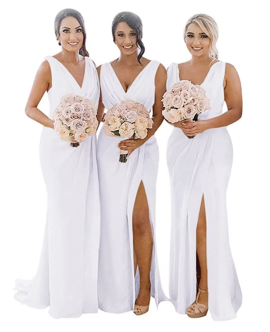 Elegant V-Neck Chiffon Bridesmaid Dress with High Slit - White Formal Evening Gown for Weddings, Prom & Special Occasions - Size 16 | Perfect for Bridal Party, Cocktail Events & Black Tie Galas
