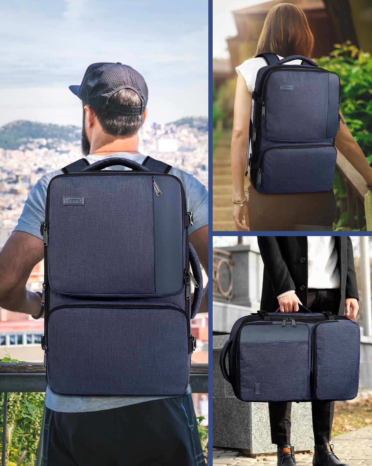 Vancropak 45L Carry On Backpack - TSA Approved Expandable Travel Backpack with 3 Packing Cubes for Men & Women, Water Resistant Weekender Bag, Perfect for Air Travel, Hiking & Daily Commute (Blue)