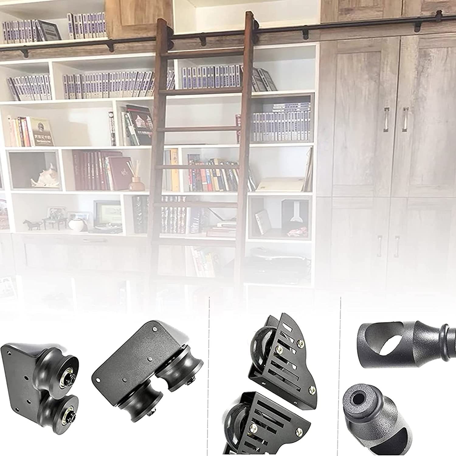 Sliding Barn Door Hardware Kit with Mobile Ladder Rail - Complete Rolling Library Ladder Hardware Set with Floor Roller Wheel & Smooth Gliding Track - Perfect for Home Libraries, Lofts, and Rustic Interior Design
