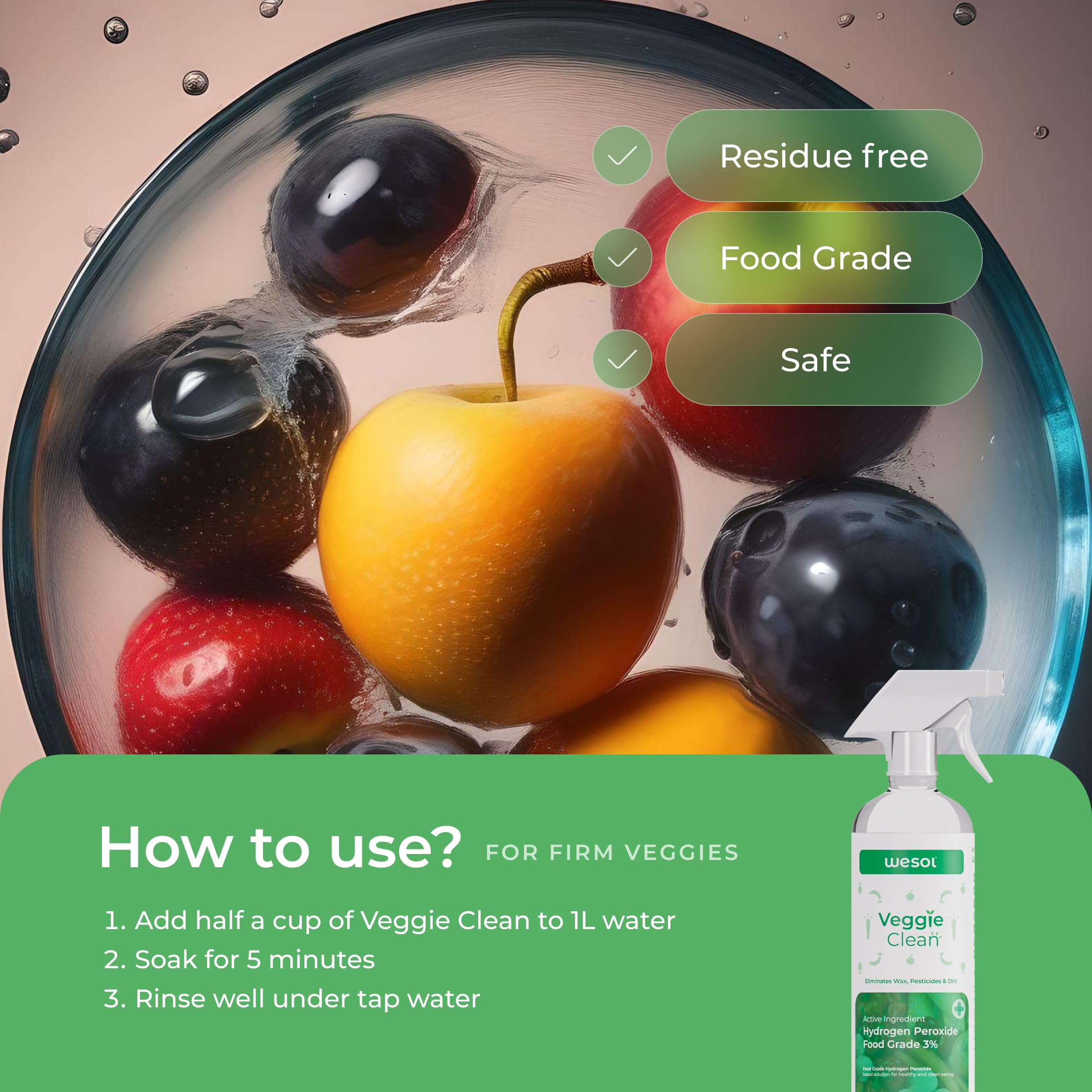 **Wesol 500ml Fruit & Vegetable Wash with 3% Food-Grade Hydrogen Peroxide – Removes Pesticides, 99.9% Germs, Wax – Safe for Organic Produce – Perfect for Fresh Salads, Smoothies & Meal Prep**