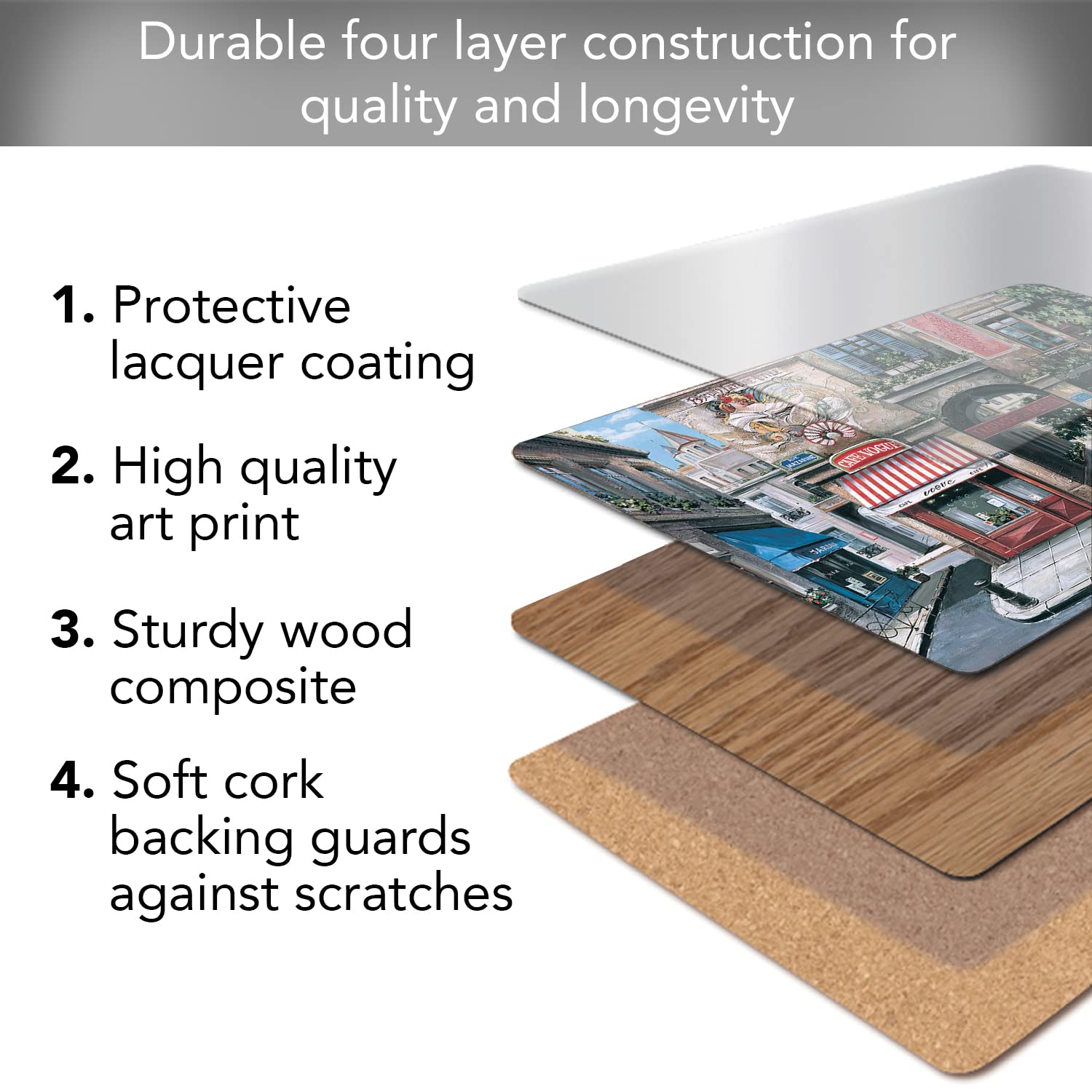 Village Square Decorative Hardboard Cork Back Tabletop Placemats - Set of 4 - Heat Resistant & Easy to Clean - Made in USA - Perfect for Dining Tables, Kitchen Countertops & Home Decor