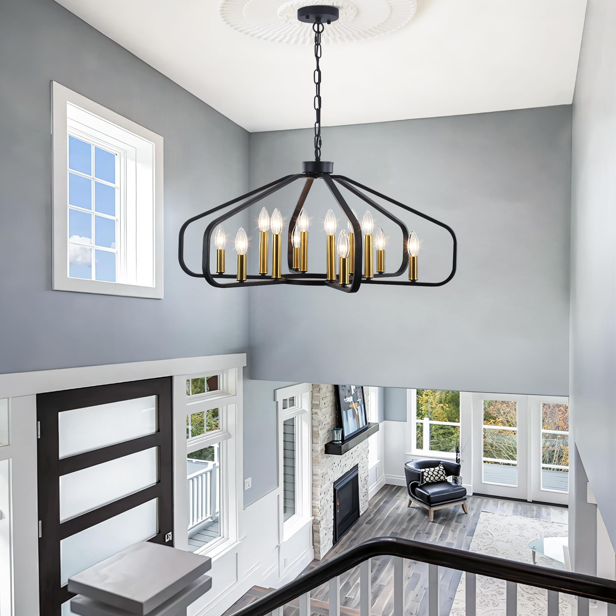 32.28'' Large Black and Gold Modern Farmhouse Cage Chandelier - 12-Light Dining Room Lighting Fixture for Living Room, Bedroom, Kitchen, Entryway & Foyer | Perfect for Rustic Home Decor & Wedding Venue Lighting