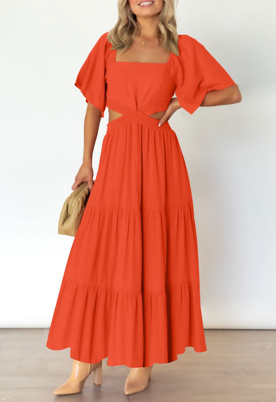 LEANI Women's 2025 Summer Cutout Maxi Dress - Square Neck Short Sleeve Crossover Waist Flowy Beach Dress for Casual Wear, Party & Vacation