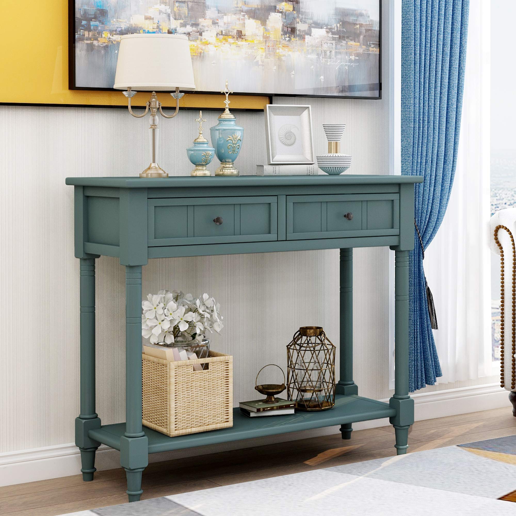 Danxee Solid Wood Entryway Console Table - Traditional Design with 2 Drawers & Bottom Shelf - Navy Blue Sofa Table for Hallway, Living Room & Foyer Decor