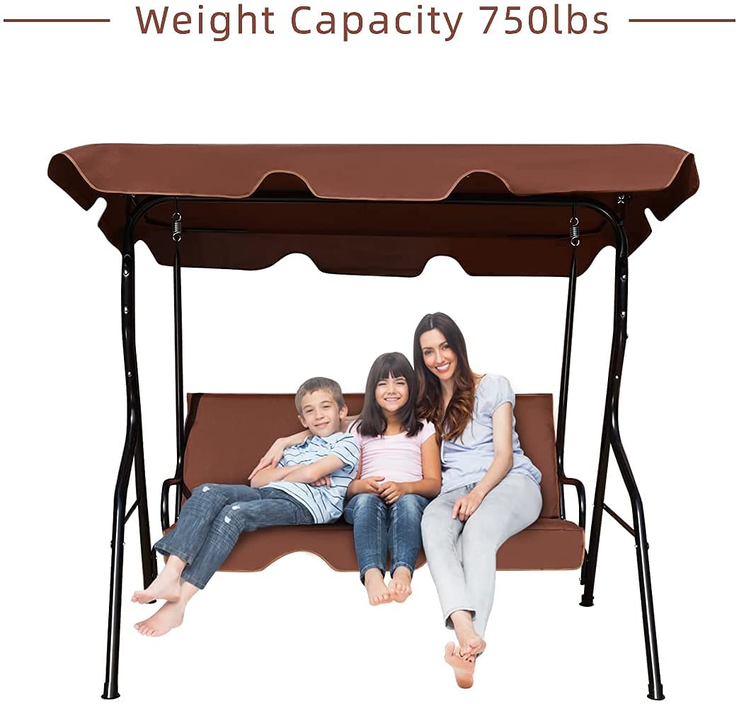 3-Seater Canopy Swing Chair for Patio - Waterproof Outdoor Hanging Couch with Adjustable Canopy, Steel Frame & Cushioned Seat - Durable Polyester Oxford Fabric - Perfect for Garden, Backyard, Poolside Relaxation (Coffee)