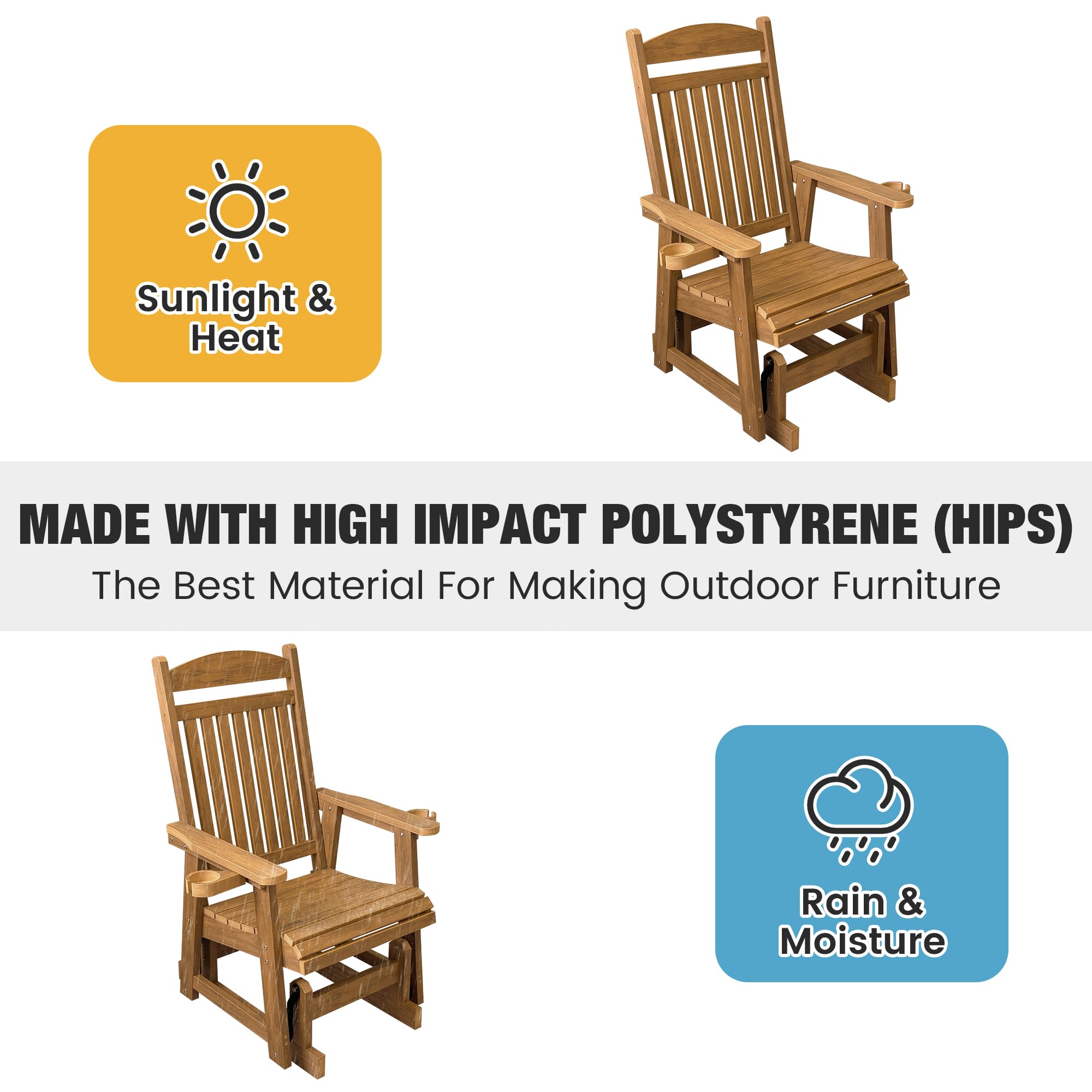 Poly Lumber Single Person Patio Glider with Cup Holders - High Back Support & Contoured Seat - Heavy Duty 700lb Capacity All-Weather HIPS Material (Brown) - Perfect for Porch, Garden & Outdoor Relaxation