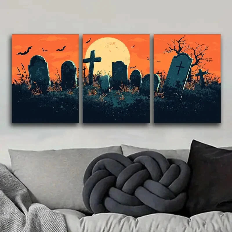 3pcs Eerie Graveyard Scene Metal Wall Art with Bats & Full Moon - Gothic Halloween Decor for Home, Office & Party (Ready to Hang)