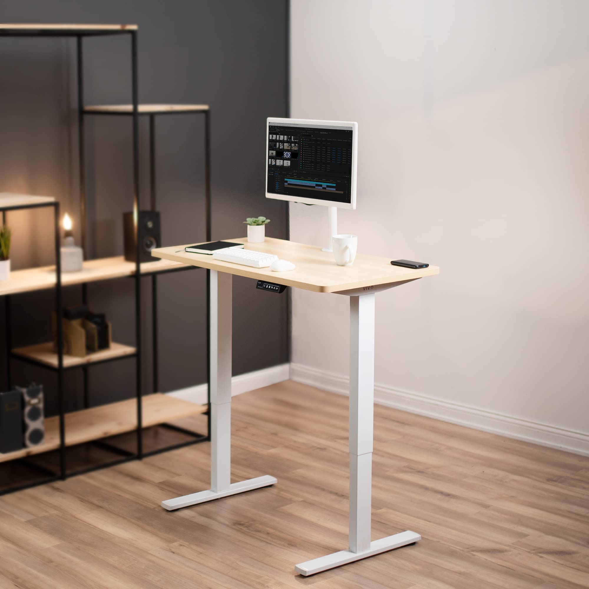 VIVO Electric 43 x 24 Inch Adjustable Height Standing Desk with Memory Controller, 1B Series - Light Wood Top & White Frame (DESK-KIT-1W4C) for Home Office, Gaming & Workspace Ergonomics