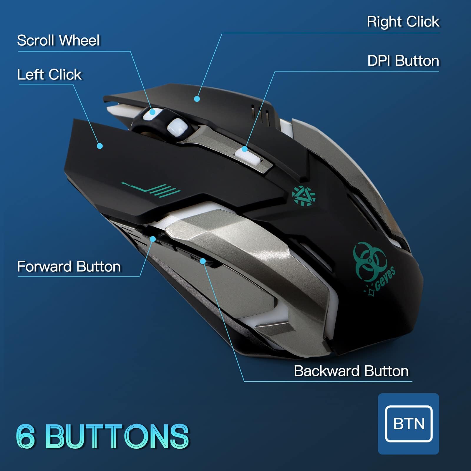 VEGCOO C8 Wireless Gaming Mouse - Silent Click Rechargeable Mouse with RGB LED Lights, 3 Adjustable DPI (800/1600/2400), 400mAh Battery for PC, Laptop, Mac - Perfect for Gaming, Office Work & Home Use (Black)