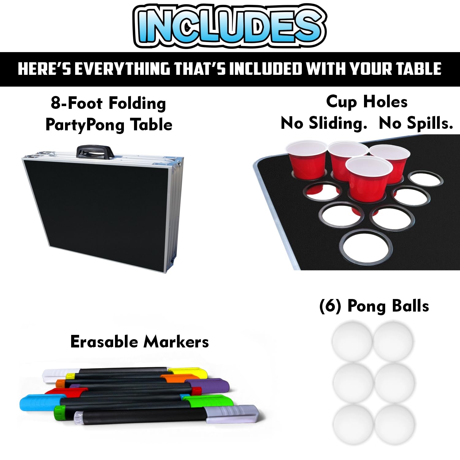 8-Foot Beer Pong Table with Erasable Surface - Includes 6 Erasable Markers, 8 Beer Pong Balls & Optional LED Lights - Perfect for College Parties, Tailgates & Backyard Games (Choose Your Model)