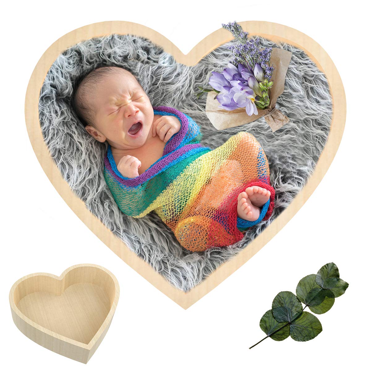Rehomy Heart-Shaped Wooden Bowl - Newborn Baby Photography Prop for Infant Boy & Girl - Natural Beige Posing Bed - Perfect for Newborn Photo Shoots, Baby Showers & Nursery Decor