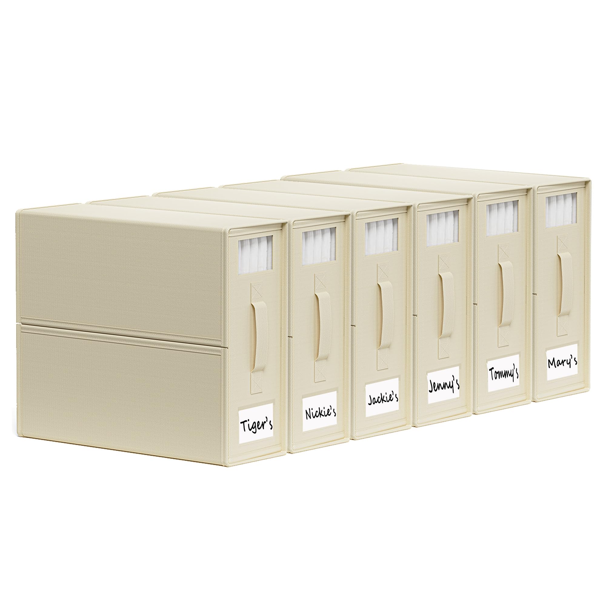 SheetCube 6-Pack Foldable Bed Sheet Organizers with Window & Label - Linen Closet Storage Box for Blankets, Duvet Covers & Sheet Sets | Space-Saving Home Organization for Bedrooms & Closets (Beige)