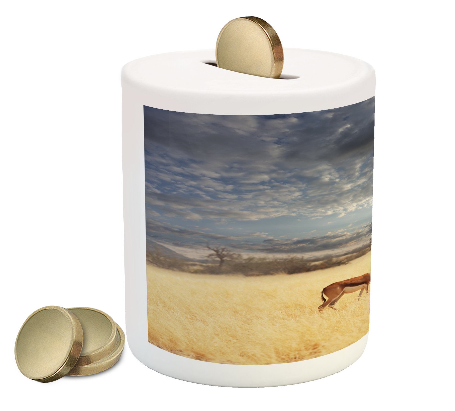 Lunarable Savannah Piggy Bank - Ceramic Coin Bank with Wilderness Antelope & Yellow Meadow Print, 3.6