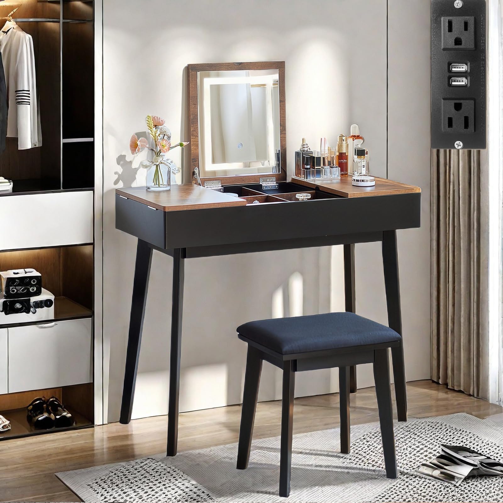 Vintage Flip Top Makeup Vanity Desk with LED Mirror & Power Outlet - Rustic Vanity Table Set with Cushioned Stool, Black Brown - Perfect for Bedroom, Dressing Room & Beauty Salon Makeup Station