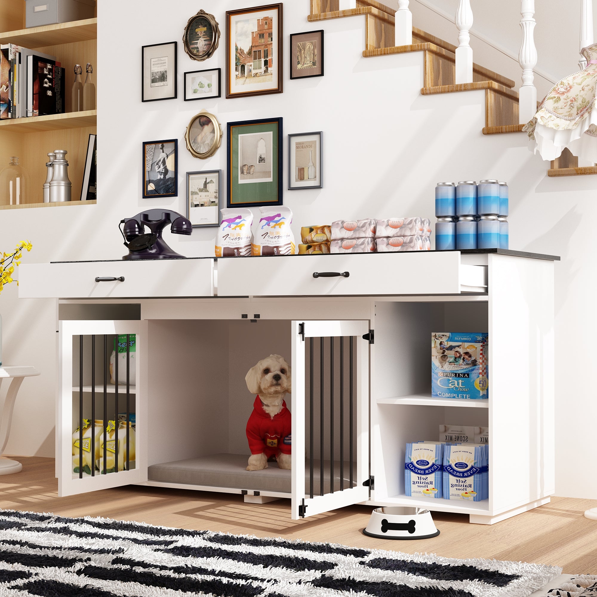 2 Drawer 4 Compartment Dog Crate with Double Doors - Durable Pet Kennel for Large Dogs - Perfect for Home, Travel & Vet Visits