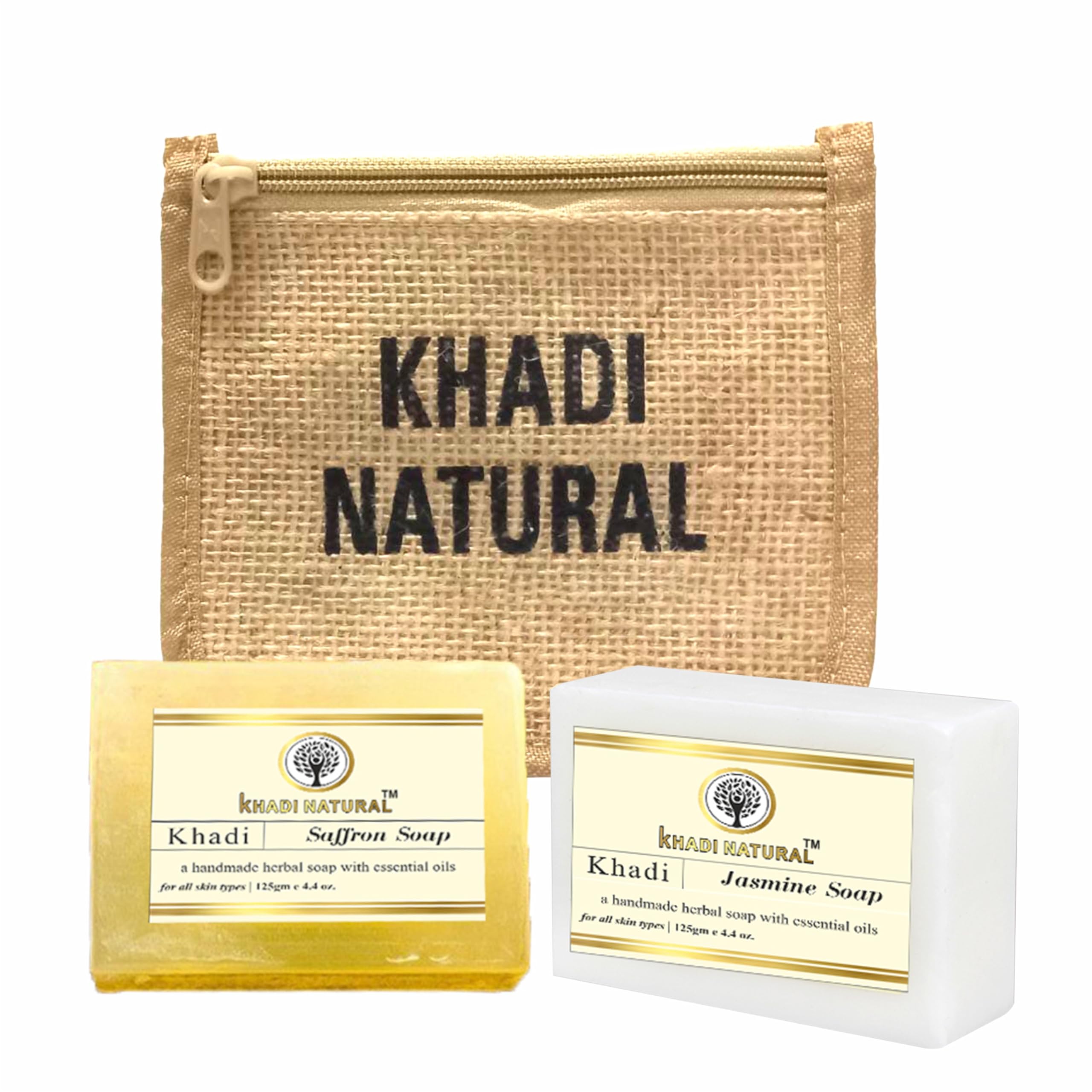 Khadi Natural Handmade Bath Soap with Jute Bag - 125g Organic Jasmine Saffron Soap Bar for Luxury Skincare & Eco-Friendly Gifts | Perfect for Spa Day, Ayurvedic Routine & Sustainable Living