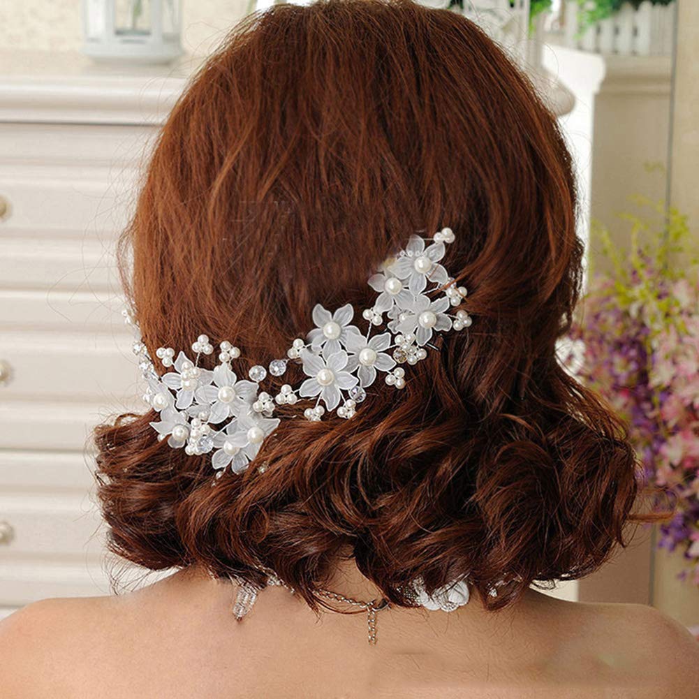 AKOAK 5-Piece Bridal Tiara Set - Handmade Pearl Floral Hair Clips, U-Shaped Hairpins, and Braid Hair Discs for Wedding, Prom, and Special Occasions (White)