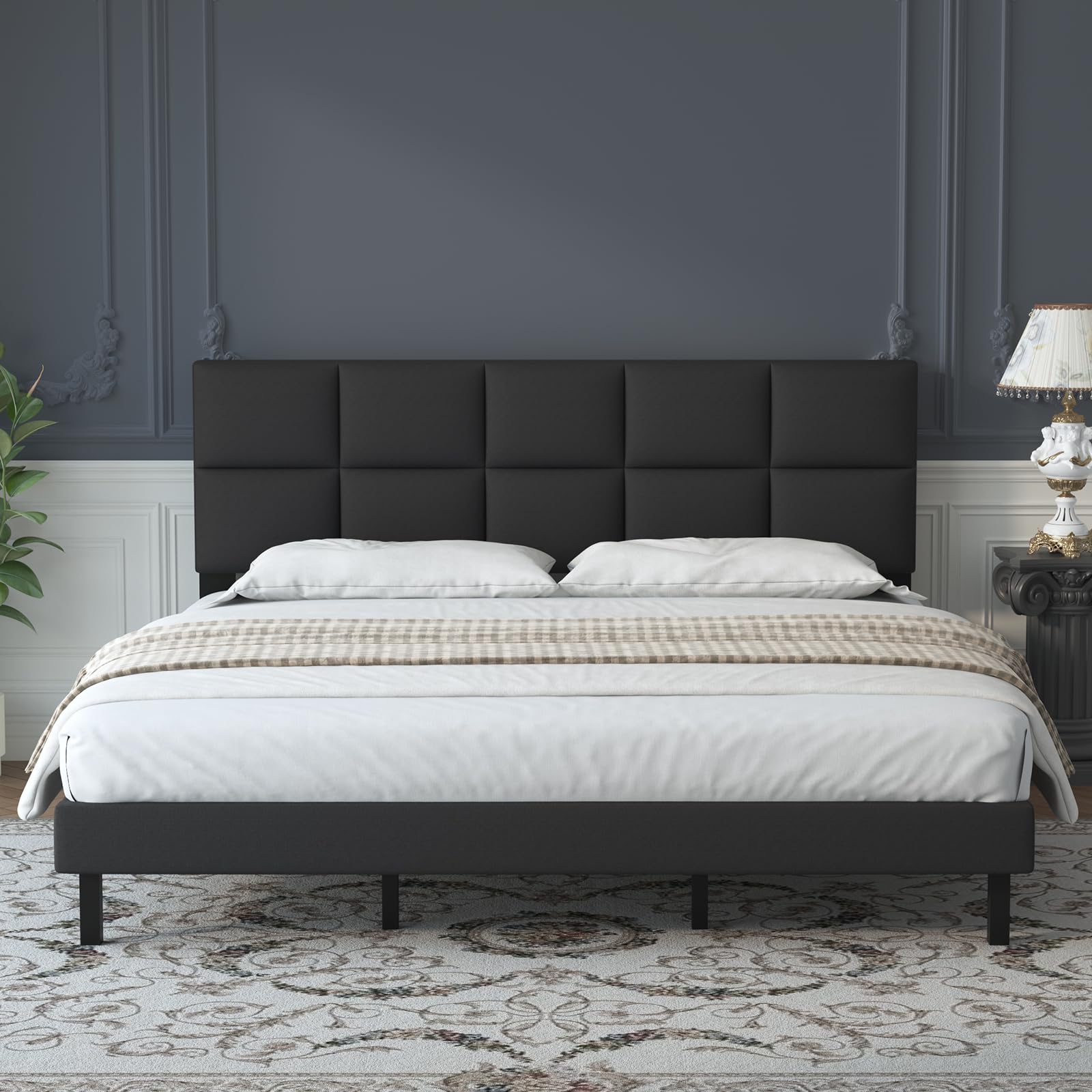 Natulliy Upholstered Queen Size Bed Frame with Headboard & Underbed Storage | Heavy Duty Steel Slat Support | Black Platform Bed | Perfect for Master Bedroom, Guest Room & Small Spaces