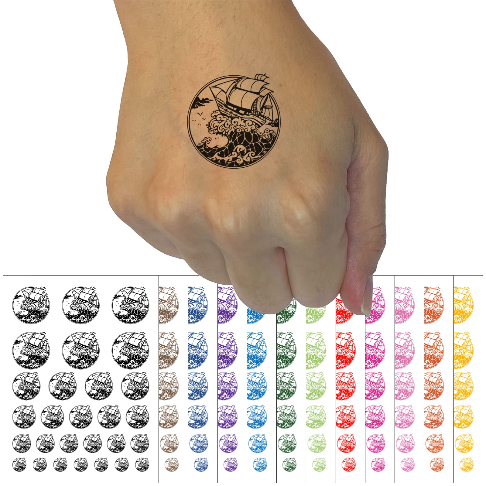 Fantasy Ship Ocean Wave Temporary Tattoo - Waterproof Fake Body Art Set - Black (1 Sheet) - Perfect for Beach Parties, Cosplay & Festival Body Decorations