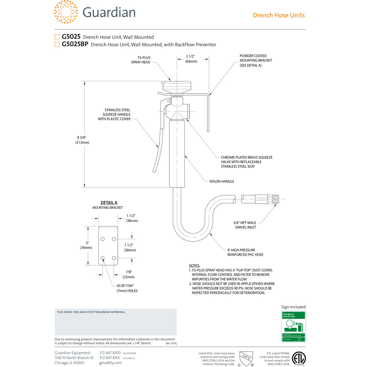 Guardian G5025 Wall Mounted Emergency Eyewash Station - ANSI Compliant Single Head Eye Wash & Drench Hose Unit for Laboratories, Factories, and Industrial Safety