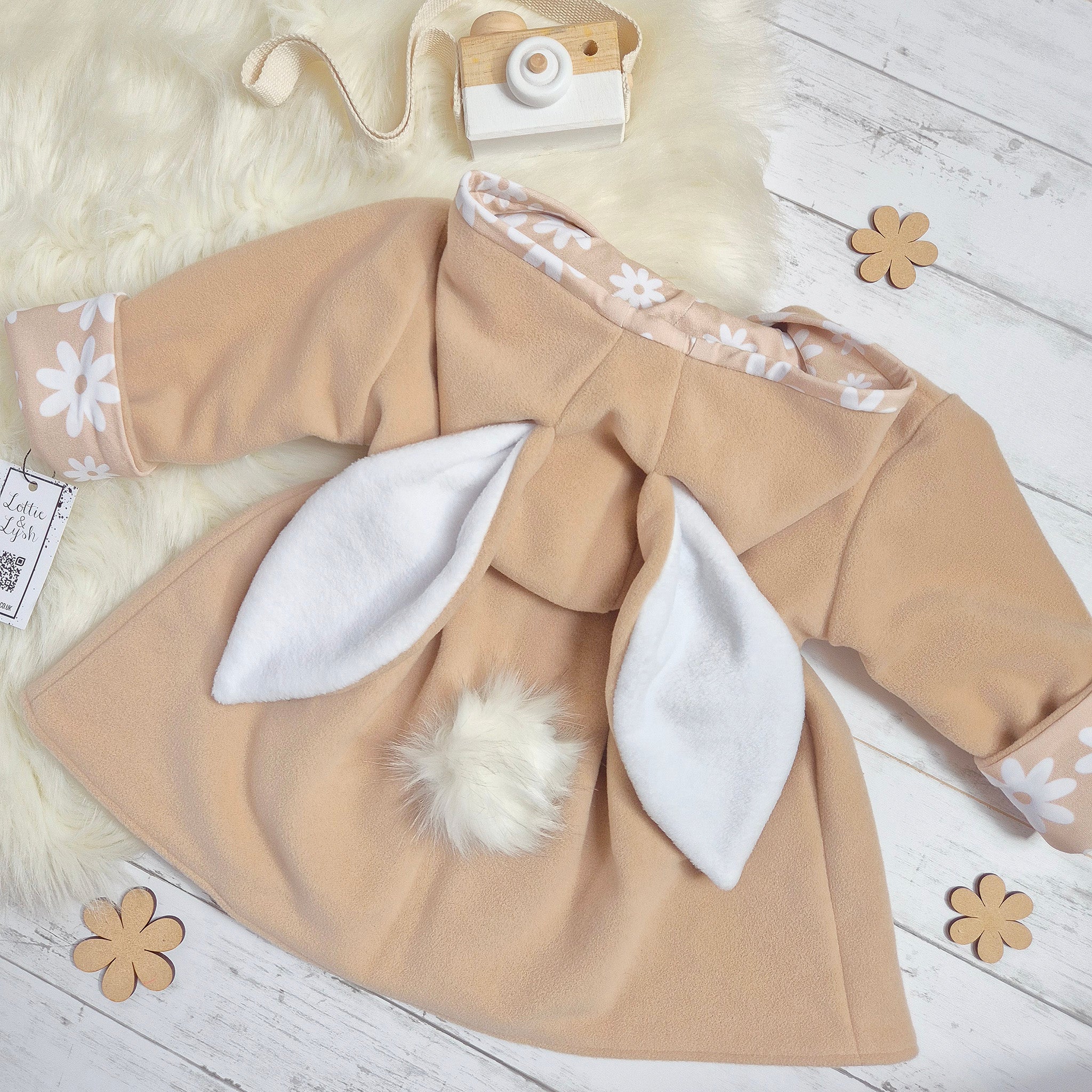 Girls Bunny Jacket - Soft Beige Wool Coat with Floral Embroidery | Cute Spring Outerwear for Toddler & Kids Fashion | Perfect for Easter, Birthday Parties & Outdoor Adventures