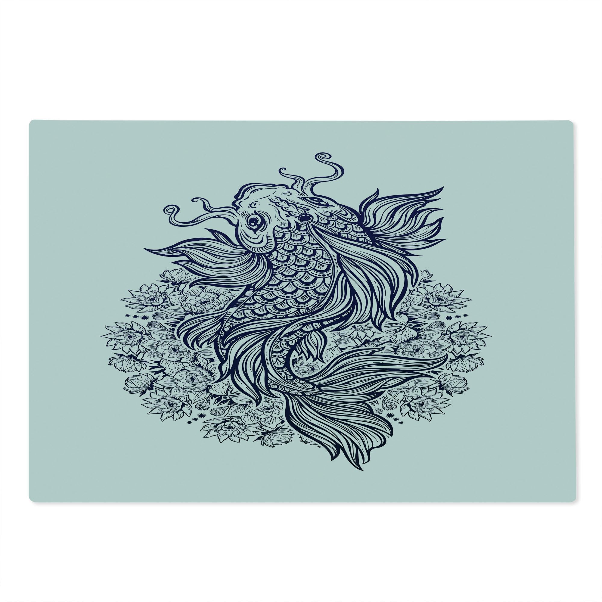 Ambesonne Koi Fish Tempered Glass Cutting Board - Hand-Painted Dark Blue Koi Carp & Lotus Mandala Design - Large Decorative Serving Board in Indigo & White - Perfect for Sushi Preparation, Charcuterie Display & Kitchen Decor