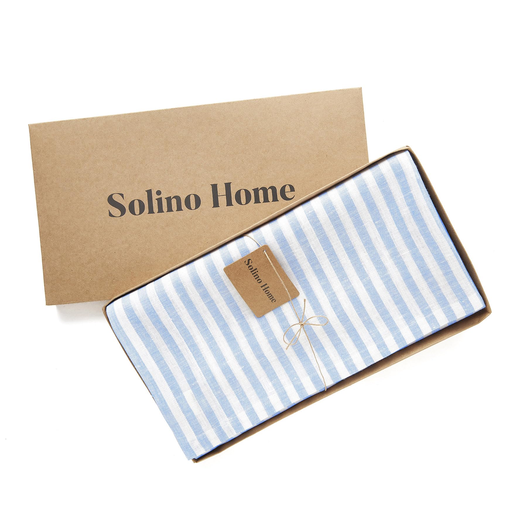 Solino Home 100% Pure Linen Tablecloth - Sky Blue & White Striped Easter Table Runner 60x90 Inch - Handcrafted, Machine Washable - Perfect for Dining, Parties, Weddings & Holiday Decor